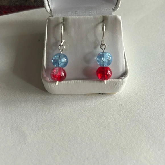 3/$20 Blue and Red Dual Crystal Beaded Silver Plated Dangling Drop Earrings - Picture 1 of 3